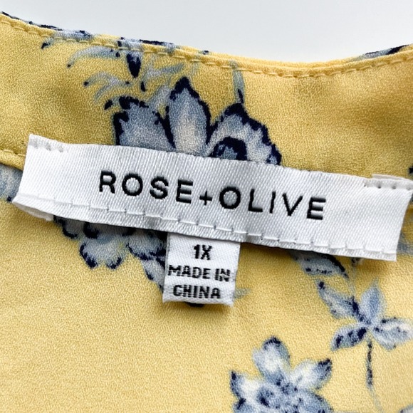 Rose & Olive Floral V-Neck Popover Top Womens Plus 1X Yellow Blue - Picture 8 of 9